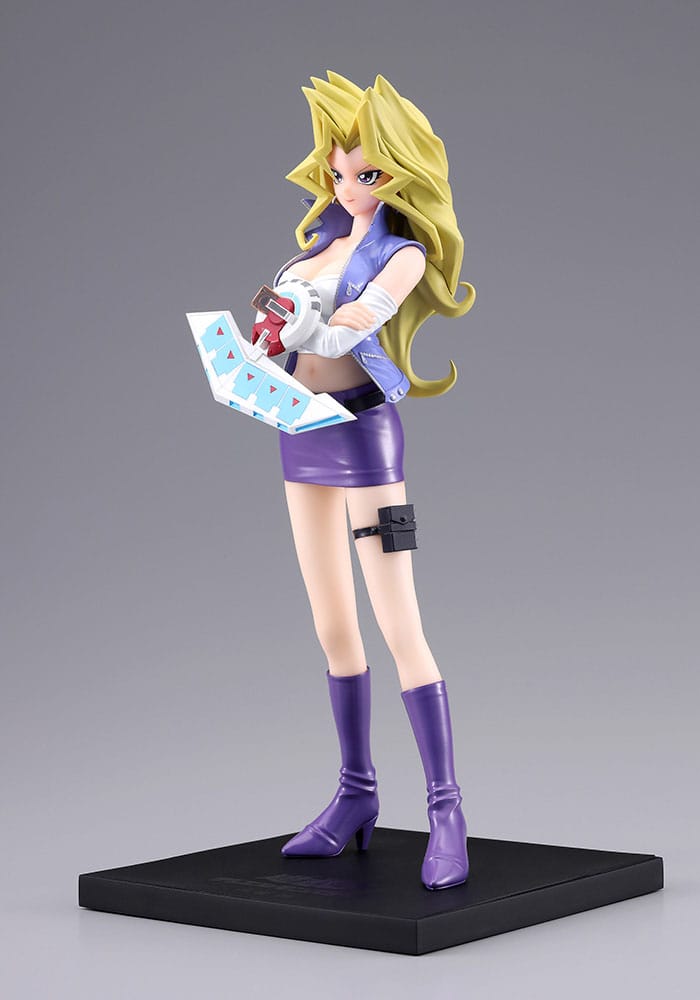 Figurine Yu-Gi-Oh! Oshi Works Mai Valentine 1/7, représentant Mai en tenue violette avec Duel Disk sur socle noir.