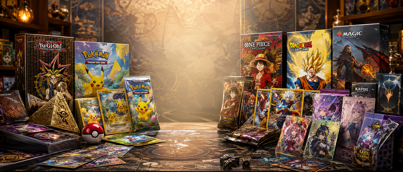 Bandeau représentant plusieurs TCG : Pokémon, Yu-Gi-Oh!, One Piece, Dragon Ball, Magic, Kayou.