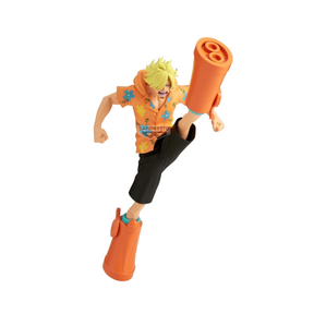 Figurine One Piece Battle Record Collection Sanji par Banpresto en posture de coup de pied avec chemise orange fleurie et pantalon noir.