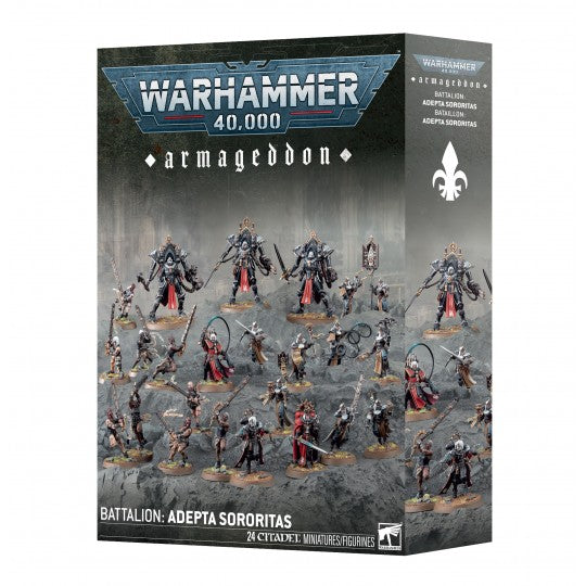 Boîte Warhammer 40,000 Armageddon Bataillon Adepta Sororitas avec figurines de Sœurs de Bataille sur fond gris.