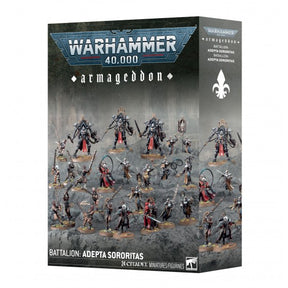 Boîte Warhammer 40,000 Armageddon Bataillon Adepta Sororitas avec figurines de Sœurs de Bataille sur fond gris.