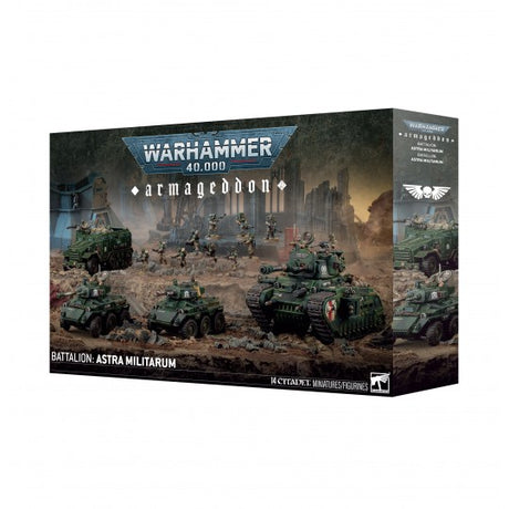 Boîte Warhammer 40,000 Armageddon Bataillon Astra Militarum avec soldats et véhicules blindés sur un champ de bataille.