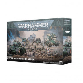 Boîte Warhammer 40,000 Astra Militarum Platoon contenant 20 figurines Citadel avec soldats et véhicules blindés impériaux.
