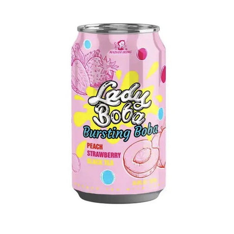 Boisson Lady Boba Bursting Boba saveur fraise et pêche en canette rose 320 ml