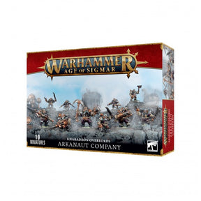 Boîte Warhammer Age of Sigmar Kharadron Overlords Arkanaut Company avec 10 figurines naines armées dans un décor brumeux.