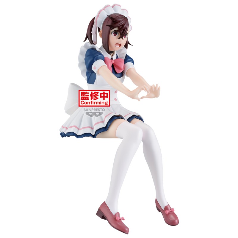 Figurine Dandadan Glitter & Glamours Momo par Banpresto, représentant Momo en tenue de maid bleue et blanche avec nœud rose, bas blancs et bras tendus vers l’avant.