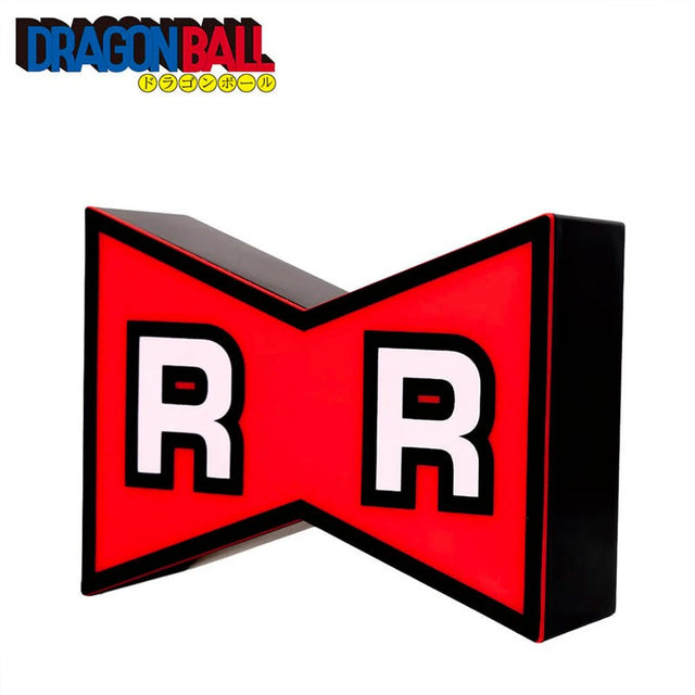 Lampe Dragon Ball représentant le logo rouge et noir de la Red Ribbon Army avec les lettres RR.