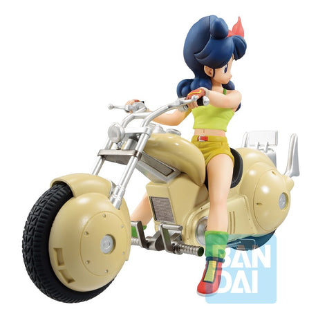 Figurine Dragon Ball Ichibansho Snap Collection : Lunch assise sur une moto rétro, version Bandai officielle.