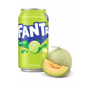 Canette verte Fanta Melon Korea 350 ml avec visuel de melon sur fond blanc.