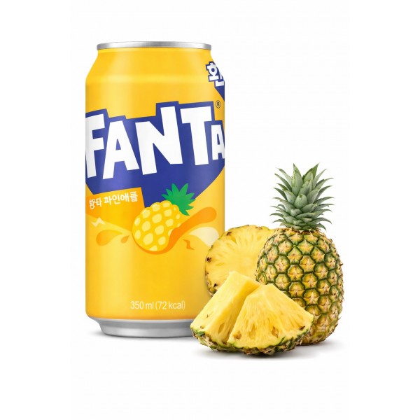 Canette jaune Fanta Pineapple Korea 350 ml avec visuel d’ananas sur fond blanc.