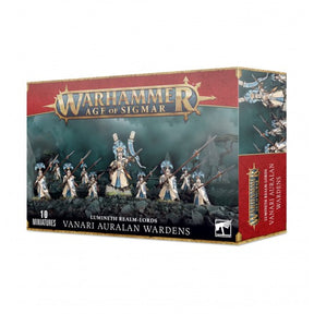 Boîte Warhammer Age of Sigmar Lumineth Realm-Lords Vanari Auralan Wardens avec 10 figurines armées de longues lances.