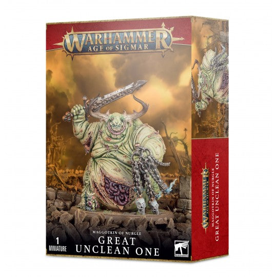 Boîte Warhammer Age of Sigmar Grand Immonde de Nurgle avec énorme démon verdâtre armé d’une grande lame dans un décor chaotique.
