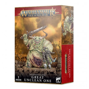 Boîte Warhammer Age of Sigmar Grand Immonde de Nurgle avec énorme démon verdâtre armé d’une grande lame dans un décor chaotique.