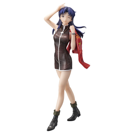 Figurine Evangelion Ichiban Kuji Lot D Misato Katsuragi, avec robe noire, veste rouge sur l’épaule et cheveux violets.