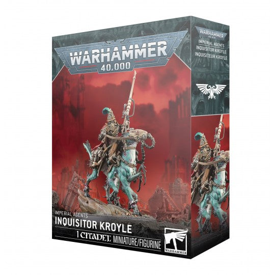 Boîte Warhammer 40,000 Imperial Agents Inquisiteur Kroyle avec personnage monté sur créature bleue dans un décor rouge.