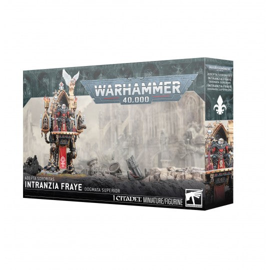 Boîte Warhammer 40,000 Adepta Sororitas Intranzia Fraye Dogmata Supérieure avec figurine religieuse sur décor gothique.