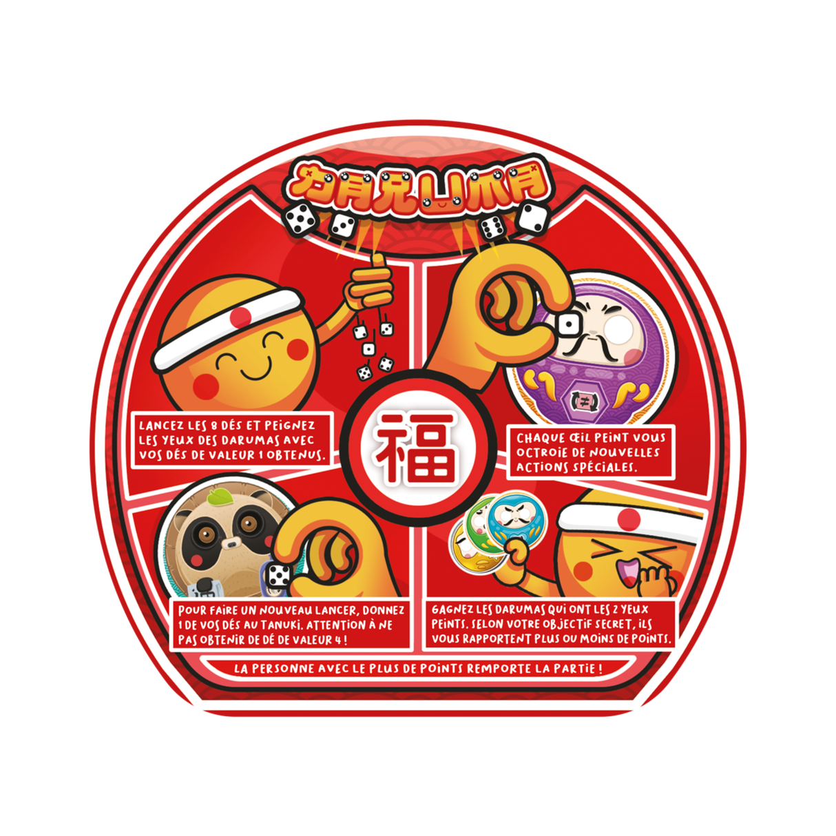 Boîte du jeu Daruma avec illustration rouge d’un daruma japonais, dés et graphismes colorés inspirés du Japon.