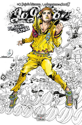 Jaquette du manga Jojolion - JoJo's Bizarre Adventure Part 8, avec Josuke Higashikata en tenue stylisée, sur un fond coloré et psychédélique typique d’Hirohiko Araki.