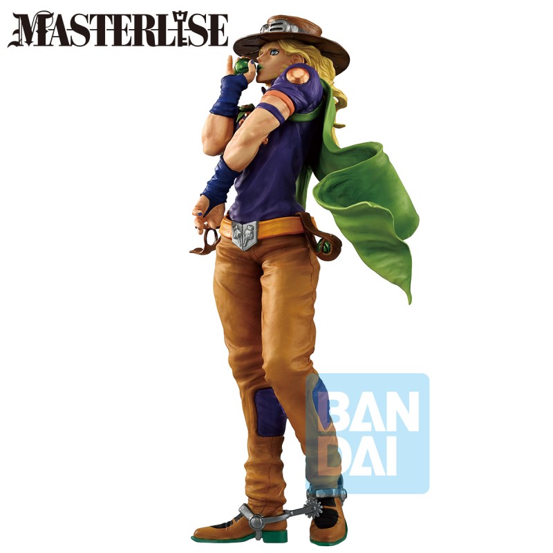 Figurine JoJo’s Bizarre Adventure Ichibansho Masterlise Gyro Zeppeli Steel Ball Run par Bandai, représentant Gyro avec chapeau, foulard vert et Steel Ball en main.