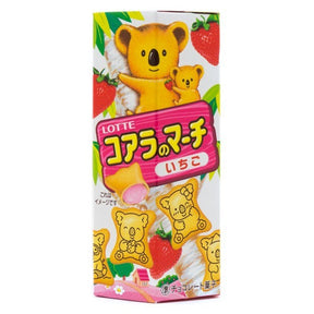 Boîte de biscuits japonais Lotte Koala no March goût fraise, avec biscuits en forme de koala et crème à la fraise.