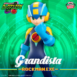 Figurine Mega Man Grandista Rockman.EXE par Banpresto, représentant Rockman.EXE en armure bleue et jaune avec casque futuriste et posture déterminée.