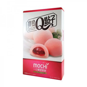 Boîte de mochi taïwanais saveur fraise avec cœur fruité rouge.