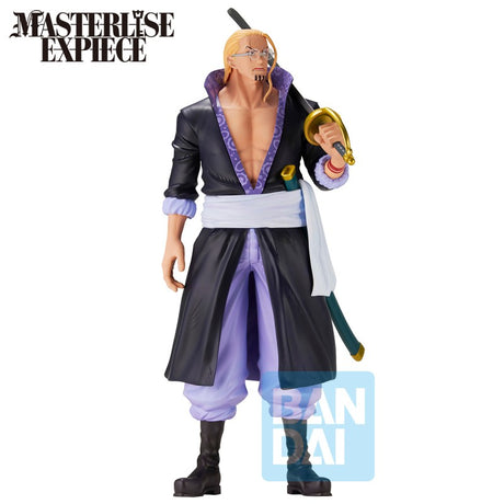 Figurine One Piece Ichibansho Masterlise Silvers Rayleigh avec sabre, tenue noire et violette, logo Bandai.