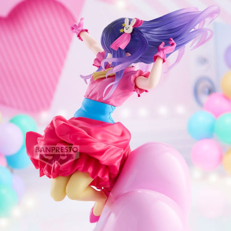 Figurine Oshi no Ko ESPRESTO Poppin’ Heart Ai par Banpresto, représentant Ai Hoshino en robe rose dynamique avec cheveux violets, yeux étoilés et décor pop coloré.