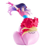 Figurine Oshi no Ko ESPRESTO Poppin’ Heart Ai par Banpresto, représentant Ai Hoshino en robe rose dynamique avec cheveux violets, yeux étoilés et décor pop coloré.