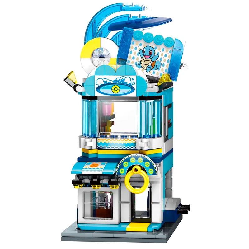 Set de construction Pokémon Keeppley Squirtle Swimming Tools Shop, boutique aquatique en briques bleues et blanches avec enseigne Carapuce, bouée, accessoires de plage et détails translucides.