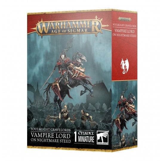 Boîte Warhammer Age of Sigmar Soulblight Gravelords Seigneur Vampire sur Coursier Cauchemar avec cavalier vampire sur monture sombre.