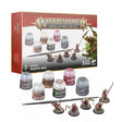 Boîte Warhammer Age of Sigmar Set de Peinture Skaven avec figurines, pots de peinture Citadel Colour et pinceau sur fond blanc.