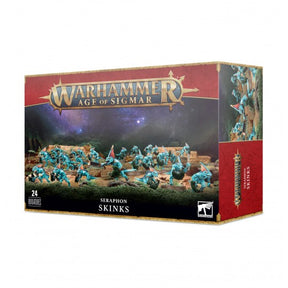 Boîte Warhammer Age of Sigmar Seraphon Skinks avec 24 figurines reptiliennes bleues dans un décor de jungle et de ruines.
