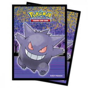 Protèges-cartes Pokémon Ectoplasma – 65 sleeves Ultra Pro sur fond violet stylisé.