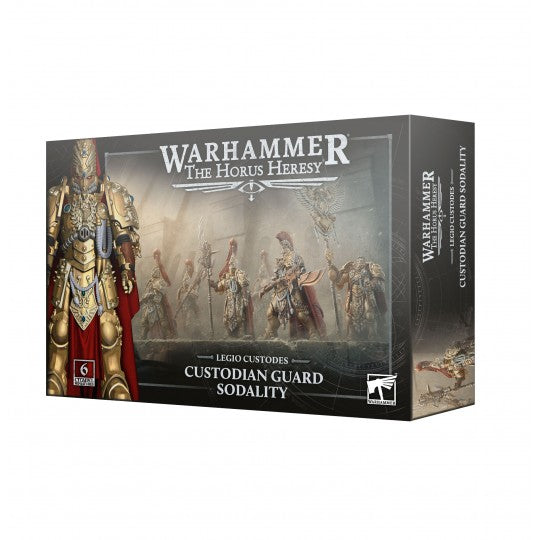 Boîte Warhammer The Horus Heresy Legio Custodes Sodalité de Gardes Custodiens avec 6 figurines en armure dorée.