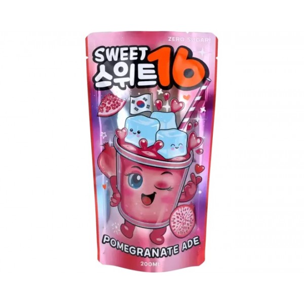 Pochette de boisson Sweet 16 Pomegranate Ade 200 ml sans sucre, avec illustration colorée de grenade et glaçons.