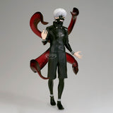 Figurine Tokyo Ghoul Grandista Ken Kaneki par Banpresto, personnage aux cheveux blancs en tenue noire avec masque de goule et kagune rouges déployés.