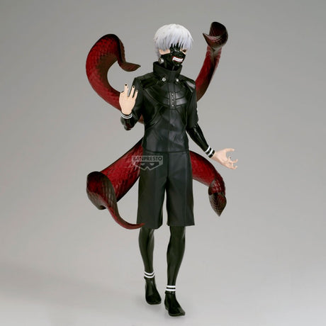 Figurine Tokyo Ghoul Grandista Ken Kaneki par Banpresto, personnage aux cheveux blancs en tenue noire avec masque de goule et kagune rouges déployés.