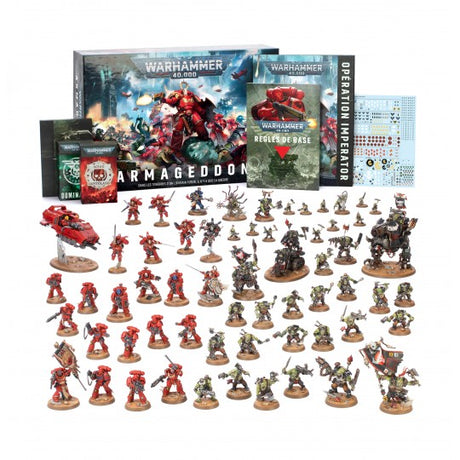 Boîte Warhammer 40,000 Armageddon en français avec Space Marines rouges, Orks et scènes de bataille futuriste.