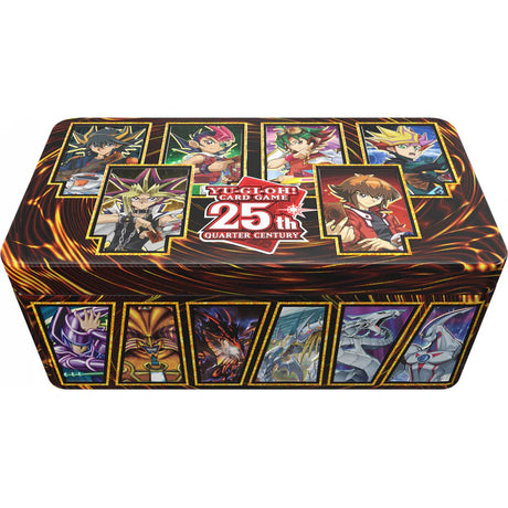 Boîte collector Yu-Gi-Oh! Tin 2023 25e Anniversaire avec illustrations de personnages et monstres iconiques.