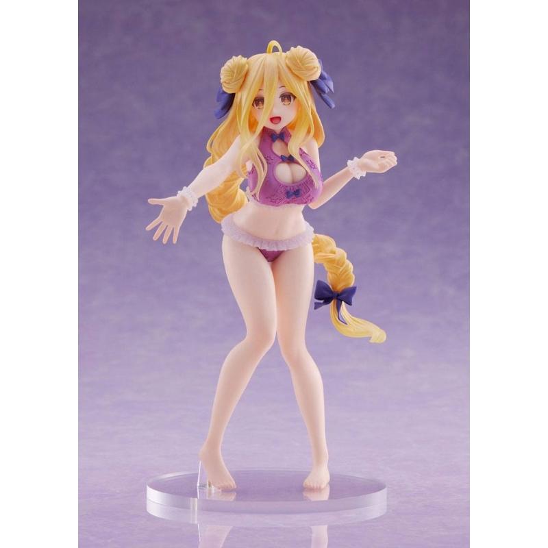 Figurine de Mukuro Hoshimiya en maillot de bain violet, issue de Date A Live IV. Elle est représentée pieds nus, avec une pose joyeuse, ses cheveux longs tressés décorés de rubans, sur un socle transparent.