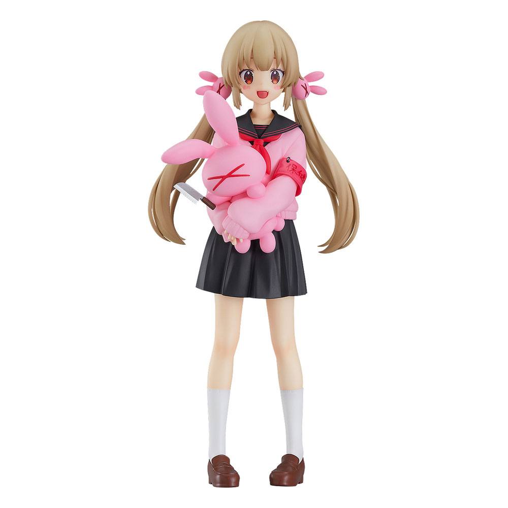Figurine Pop Up Parade de Natori Sana, portant un uniforme scolaire noir et rose, avec une peluche lapin rose et un couteau, capturant son style unique et mystérieux.
