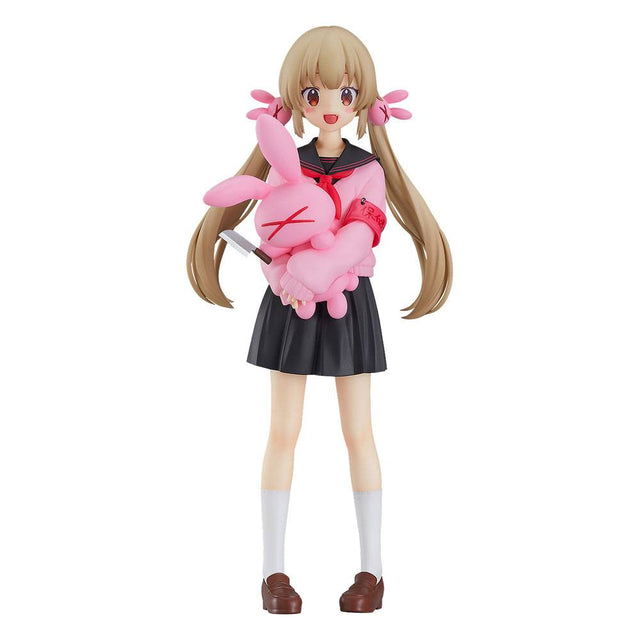 Figurine Pop Up Parade de Natori Sana, portant un uniforme scolaire noir et rose, avec une peluche lapin rose et un couteau, capturant son style unique et mystérieux.